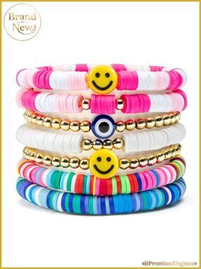 7Pcs Stackable Stretch Bracelets Set Smile Evil Eye Beaded Boho Y2K Summer